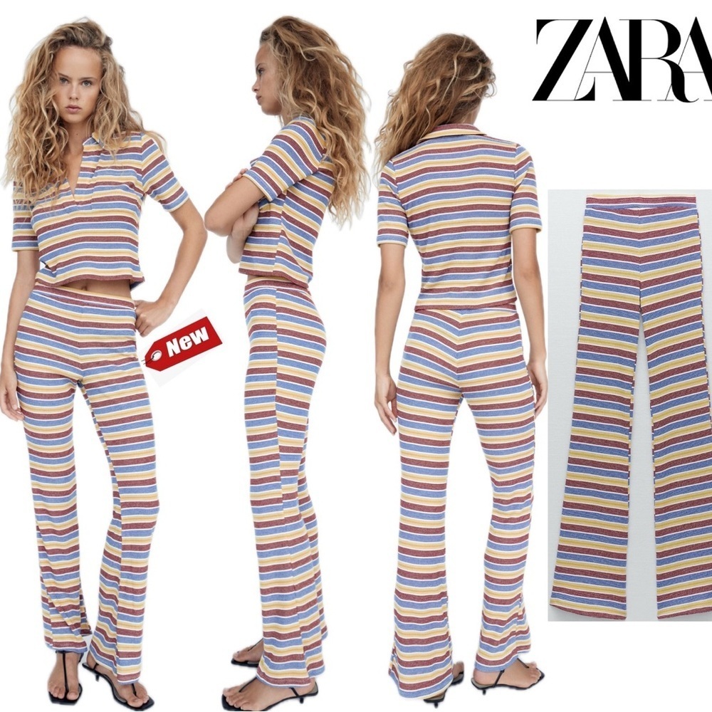 Zara Rib Texture Striped Pull On Pants red yellow blue white stretch M NWT